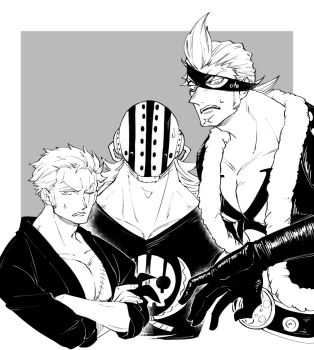 Rule 34 | 3boys, belt, chabo (niwatori bosori), commentary request, crossed arms, earrings, eye mask, gloves, greyscale, highres, hockey mask, japanese clothes, jewelry, killer (one piece), kimono, male focus, mask, monochrome, multiple boys, one piece, roronoa zoro, scar, scar across eye, scar on chin, scar on face, sideburns, stitched torso, stitches, sweatdrop, v-shaped eyebrows, x drake