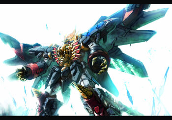 commentary_request drill feet_out_of_frame floating_hair genesic_gaogaigar highres long_hair mecha mecha_focus no_humans orange_hair ra_(pixiv120326) robot science_fiction simple_background solo standing super_robot v-fin white_background yellow_eyes yuusha_ou_gaogaigar yuusha_ou_gaogaigar_final yuusha_series