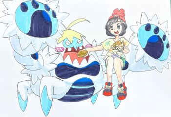 Rule 34 | 1girl, absurdres, black hair, blush, blush stickers, bracelet, closed eyes, commentary request, crabominable, eating, eyelashes, food, gen 7 pokemon, green shorts, grey eyes, highres, holding, holding food, jewelry, mhx42389841, nintendo, open mouth, pokemon, pokemon (creature), pokemon sun and moon, print shirt, red hair, red shoes, selene (pokemon), shirt, shoes, short hair, short sleeves, shorts, simple background, sitting, smile, teeth, traditional media, translation request, upper teeth only, white background, yellow shirt