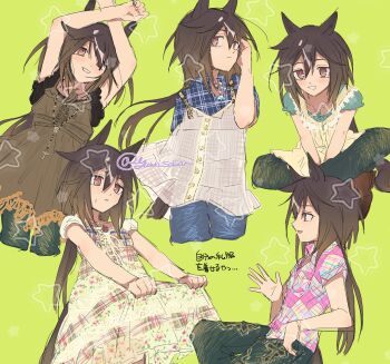 1girl alternate_costume animal_ears brown_eyes brown_hair green_background highres horse_ears horse_girl horse_tail multicolored_hair pants pink_shirt shirt simple_background solo stay_gold_(umamusume) streaked_hair tail translation_request umamusume yuuki_sasami