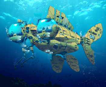 Rule 34 | absurdly detailed composition, absurdres, air bubble, ambiguous gender, animal-themed vehicle, bubble, commentary, coral reef, english commentary, fish, goldfish, highres, longque chen, machinery, military, military vehicle, ocean, original, outdoors, scenery, ship, submarine, submerged, tagme, underwater, water, watercraft