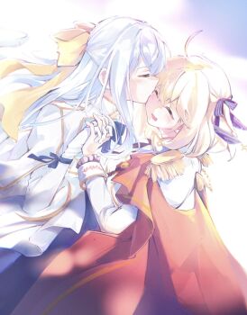 2girls ahoge anisphia_wynn_palettia black_ribbon blonde_hair blue_ribbon cape closed_eyes commentary_request elbow_gloves epaulettes euphyllia_magenta gloves grey_hair hair_ribbon highres holding_hands interlocked_fingers jacket kiss kissing_cheek long_hair medium_hair multiple_girls neck_ribbon open_mouth qqwan120 red_cape ribbon smile tensei_oujo_to_tensai_reijou_no_mahou_kakumei white_gloves white_jacket yellow_ribbon yuri