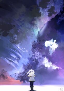 1girl absurdres black_leggings boots capelet elf frieren from_behind full_body gold_trim highres leggings looking_up outdoors pointy_ears pon2pin2 scenery signature sky solo sousou_no_frieren standing twintails white_capelet white_hair