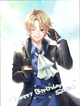 Rule 34 | 1boy, absurdres, belt, black coat, black gloves, blonde hair, blue eyes, blue shirt, character name, coat, collared shirt, cowboy shot, cup, gloves, happy birthday, highres, holding, holding cup, looking to the side, male focus, meijin kusano, one eye closed, one piece, sabo (one piece), scar, scar on face, shirt, short hair, smile, solo
