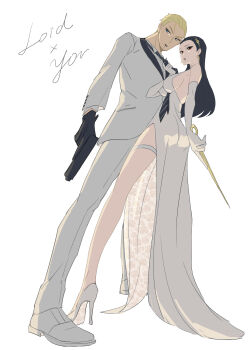 Rule 34 | 1boy, 1girl, arm at side, black gloves, black hair, black necktie, black shirt, blonde hair, blue eyes, breasts, character name, clothes grab, couple, dagger, diagonal-striped clothes, diagonal-striped necktie, dress, earrings, elbow gloves, f11417073, formal clothes, from below, full body, gloves, gold earrings, gold hairband, gun, hair slicked back, hairband, handgun, hetero, high heels, highres, holding, holding dagger, holding gun, holding knife, holding weapon, husband and wife, jacket, jewelry, knife, long dress, long hair, long legs, long sleeves, looking at viewer, medium breasts, necktie, necktie grab, neckwear grab, pants, parted lips, red eyes, shirt, shoes, short hair, side slit, simple background, sleeveless, sleeveless dress, spy x family, standing, straight hair, striped clothes, suit, thigh strap, trigger discipline, tuxedo, twilight (spy x family), very short hair, weapon, white background, white dress, white gloves, white jacket, white pants, white shirt, white shoes, yor briar