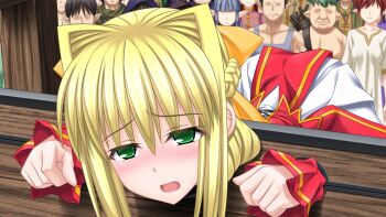1girl 6+boys bdsm blonde_hair blush bound bow braid crowd emit faceless faceless_female faceless_male game_cg green_eyes hair_bow hair_intakes higuchi_isami humiliation large_variant_set long_hair mahou_shoujo_sae multiple_boys multiple_girls non-web_source official_art open_mouth pointy_ears public_use restrained solo_focus stationary_restraints stuck tears variant_set