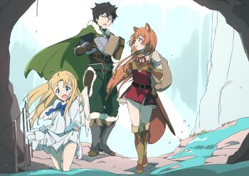 1boy 2girls :d animal_ears black_hair blonde_hair blue_bow blue_bowtie blue_dress blue_eyes boots bow bowtie brown_boots brown_eyes brown_gloves brown_hair cape clothes_lift commentary_request dress dress_lift filo_(tate_no_yuusha_no_nariagari) gloves green_cape green_pants highres iwatani_naofumi lifting_own_clothes long_hair looking_at_another multiple_girls open_mouth pants pantyhose raccoon_ears raccoon_girl raccoon_tail raphtalia short_hair smile tail tate_no_yuusha_no_nariagari umanosuke walking white_pants