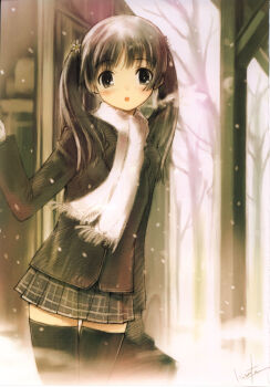 1girl :o absurdres breath brown_eyes brown_hair female_focus highres jacket kawata_hisashi leaf_(studio) looking_at_viewer miniskirt mizuki_mana non-web_source official_art scan scarf signature skirt snow snowing solo thighhighs twintails white_album white_album_(series) white_scarf winter zettai_ryouiki