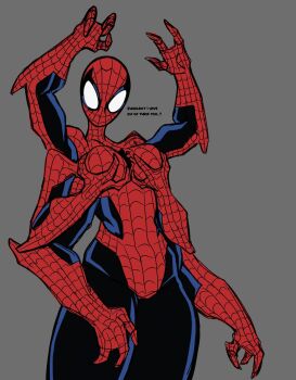 1girl alternate_form animal_print arms_up blank_eyes blue_bodysuit bodysuit breasts claws cowboy_shot doppelganger_(spider-man) english_text extra_arms fewer_digits genderswap genderswap_(mtf) grabbing_own_breast grey_background highres large_breasts looking_at_breasts looking_at_self looking_down marvel multicolored_bodysuit print_bodysuit red_bodysuit simple_background solo spider-man spider-man_(series) spider_print spider_web_print superhero_costume t1tans90 two-tone_bodysuit