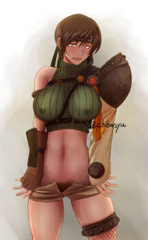 1girl armor breasts brown_eyes brown_hair chiba_shuusaku chibasyu clothes_pull detached_sleeves final_fantasy final_fantasy_vii fishnets gloves headband large_breasts pubic_hair short_hair shorts shorts_pull shoulder_armor square_enix straps_across_chest thighhighs yuffie_kisaragi
