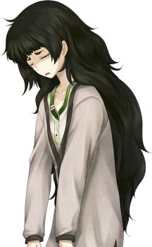 1girl blunt_bangs brown_jacket closed_eyes collar collarbone flat_chest game_cg green_collar green_hair green_trim hiyajou_maho huke jacket jacket_over_dress large_variant_set long_hair messy_hair non-web_source official_art open_mouth partially_shaded_face sad science_adventure slouching solo sprite steins;gate steins;gate_0 transparent_background variant_set very_long_hair