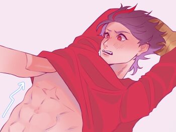 1boy abs arms_up arrow_(symbol) blush brown_hair clothes_lift fangs giant_hand grape_xagun hands_tied_above_head hands_up kamen_rider kamen_rider_den-o_(series) male_focus momotaros nail_polish nogami_ryoutarou possessed possession red_eyes red_shirt red_streaks sharp_teeth shirt shirt_lift spiked_hair teeth