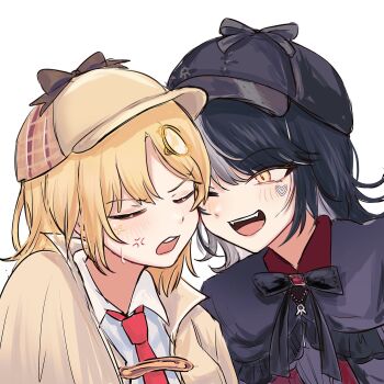 2girls ;d anger_vein annoyed black_capelet black_hair black_hat black_necktie black_ribbon blonde_hair blush bow brooch brown_bow capelet closed_eyes collared_shirt commentary deerstalker dress_shirt english_commentary facial_mark fangs bad_tag frilled_capelet frills grey_hair hair_ornament happy happy_(yppah1060) hat hat_bow hat_ribbon heads_together heart heart_facial_mark highres hololive hololive_english jewelry looking_at_another mark_under_eye multicolored_hair multiple_girls neck_ribbon necktie one_eye_closed open_mouth plaid_hat portrait raised_eyebrows ribbon shiori_novella shiori_novella_(casual) shirt short_hair simple_background slit_pupils smile split-color_hair sweatdrop tsurime two-tone_hair u_u virtual_youtuber watson_amelia watson_amelia_(1st_costume) white_background white_shirt wing_collar x_(symbol) x_facial_mark yellow_capelet yellow_eyes yellow_hat