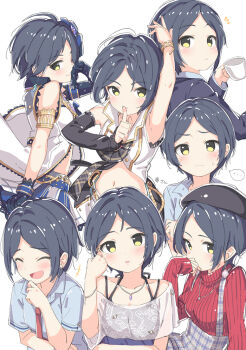 Rule 34 | +++, ..., 1girl, arm up, asymmetrical gloves, beret, black hat, black sleeves, blue gloves, blue hair, blue shirt, blue skirt, bracelet, collared shirt, commentary request, crop top, cup, detached sleeves, earrings, elbow gloves, finger to mouth, gloves, green eyes, grey skirt, grin, hand on own face, hat, hayami kanade, holding, holding cup, idolmaster, idolmaster cinderella girls, index finger raised, jewelry, kuresuku (lessons), laughing, midriff, mug, multiple views, navel, necklace, necktie, notice lines, parted bangs, plaid clothes, plaid skirt, pom pom (clothes), pom pom earrings, red necktie, red sweater, shirt, short hair, shushing, single detached sleeve, single elbow glove, skirt, smile, speech bubble, spoken ellipsis, suspender skirt, suspenders, sweater, tearing up, turtleneck, turtleneck sweater, uneven gloves, white background, white shirt