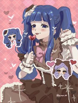 2girls alternate_costume balloon blue_eyes blue_hair blush bow brown_bow brown_dress candy checkered_background chibi chibi_inset commentary_request dlanor_a._knox dress drill_hair food furudo_erika heart heart-shaped_food heart-shaped_lollipop heart_balloon highres lollipop looking_at_viewer multiple_girls p_mon_00 pink_bow purple_hair shaped_lollipop sparkle tongue tongue_out twin_drills twintails umineko_no_naku_koro_ni wrist_cuffs