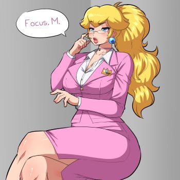 1girl 2025 absurdres alternate_breast_size_(larger) alternate_costume alternate_hairstyle blonde_hair blue_eyes blush breasts choker collarbone collared_jacket collared_shirt commentary cowboy_shot crossed_legs earrings english_commentary english_text eyebrows_hidden_by_hair formal_clothes grey_background half-closed_eyes headpiece highres invisible_chair jacket jewelry large_breasts long_hair long_sleeves mario_(series) medium_breasts meme nintendo office_lady open_mouth pencil_skirt pink_choker pink_jacket pink_lips pink_skirt princess_peach shirt simmsy simple_background sitting skirt solo_focus speech_bubble suit teeth thick_lips thick_thighs thighs upper_teeth_only