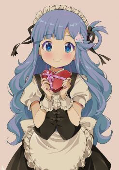 Rule 34 | 1girl, alternate costume, apron, asari nanami, black dress, blue eyes, blue hair, blunt bangs, blush, dress, enmaided, fish hair ornament, frilled apron, frills, hair ornament, hair rings, heart, holding, holding heart, idolmaster, idolmaster cinderella girls, idolmaster cinderella girls starlight stage, long hair, long sidelocks, looking at viewer, maid, maid apron, maid headdress, michii yuuki, pink ribbon, puffy short sleeves, puffy sleeves, ribbon, short sleeves, sidelocks, simple background, smile, solo, unconventional maid, very long sidelocks, waist apron, white apron, white background, white headdress, wrist cuffs
