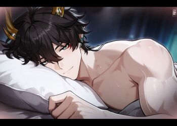 1boy abs artist_name black_hair blurry blurry_background closed_mouth commentary convenient_censoring dan_heng_(honkai:_star_rail) dan_heng_(permansor_terrae)_(honkai:_star_rail) dragon_boy dragon_horns english_commentary head_on_pillow hickey highres honkai:_star_rail honkai_(series) horns looking_at_viewer lying male_focus moonimu_art muscular muscular_male on_bed on_stomach pillow pointy_ears smile solo sweat under_covers yellow_horns