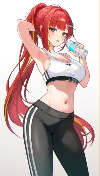 Rule 34 | 1girl, absurdres, akane lize, arm behind head, arm up, armpits, bare arms, bare shoulders, black eyes, black leggings, bottle, breasts, cleavage, commentary, contrapposto, cowboy shot, crop top, hair ornament, hairclip, hand up, highres, holding, holding bottle, large breasts, leggings, long hair, looking at viewer, midriff, mole, mole under eye, multicolored hair, navel, open mouth, ponytail, red hair, revision, shirt, simple background, sleeveless, sleeveless shirt, solo, sports bra, standing, stellive, stomach, streaked hair, sweat, untranslatable commentary, very long hair, virtual youtuber, water bottle, white background, white shirt, yulha 06