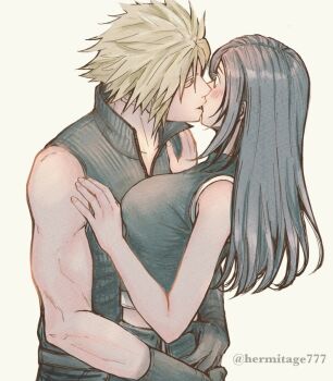 1boy 1girl bare_shoulders black_gloves black_hair black_vest blonde_hair blush breasts closed_eyes cloud_strife commentary_request couple crop_top facing_another final_fantasy final_fantasy_vii final_fantasy_vii_advent_children from_side gloves ha_lu77 hetero hug kiss large_breasts long_hair looking_at_another popped_collar profile ribbed_shirt shirt short_hair simple_background sleeveless sleeveless_shirt spiked_hair tifa_lockhart twitter_username upper_body vest yellow_background