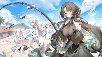 4girls animal_ears azur_lane bird black_hair blue_sky bodysuit boots breasts cleavage controller domino_mask dragon_horns dress drone eye_mask fargo_(azur_lane) fish fishing fishing_line fishing_rod fur_trim game_cg gloves green_eyes hair_ornament highres holding holding_fishing_rod horns huan_ch'ang_(azur_lane) laffey_(azur_lane) large_breasts long_hair mask multiple_girls non-web_source pier rabbit_ears remote_control rigging seagull shimanto_(azur_lane) sitting sky sleeping sleeveless thick_thighs thighs water white_hair