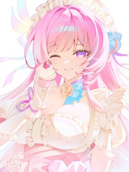 1girl ;) absurdres alternate_costume breasts cupcake cyrene_(honkai:_star_rail) cyrene_(ripples_of_past_reverie)_(honkai:_star_rail) diamond-shaped_pupils diamond_(shape) dress food gloves hi_i_dubu highres holding holding_food honkai:_star_rail honkai_(series) large_breasts long_hair looking_at_viewer maid_headdress one_eye_closed pink_dress pink_hair purple_eyes simple_background smile solo symbol-shaped_pupils very_long_hair white_background white_gloves