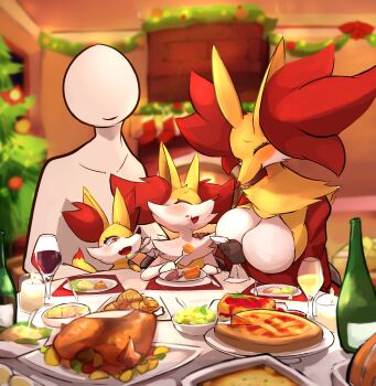 1boy 3girls absurdres bottle braixen breasts candle chimney christmas christmas_tree closed_eyes croissant delphox family feeding fennekin fire food furry furry_female gen_6_pokemon highres holding holding_spoon indoors large_breasts mother_and_daughter multiple_girls nintendo nojaaaaaaaarori open_mouth pokemon sitting smile spoon turkey_(food) wine_bottle