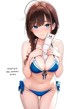 1girl ahoge between_breasts bikini blue_bikini blue_eyes braid breasts brown_hair cleavage cowboy_shot dated front-tie_bikini_top front-tie_top hair_between_eyes hair_flaps hair_over_shoulder hanako_(peanut) highres kantai_collection large_breasts long_hair looking_at_viewer navel official_alternate_costume sailor_bikini sailor_collar shigure_(kancolle) shigure_kai_san_(swimsuit)_(kancolle) side-tie_bikini_bottom single_braid smile swimsuit white_background