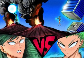 2girls black_dress blue_sky drawneku077_(artist) dress eruption fighting fubuki_(one-punch_man) green_dress green_hair highres lips multiple_girls one-punch_man sky smoke tatsumaki tower volcano