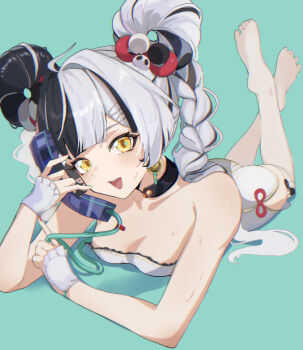 1girl absurdres bare_shoulders black_hair braid breasts dialyn_(zenless_zone_zero) dress highres long_hair lying medium_breasts multicolored_hair on_stomach open_mouth phone shion5200 smile solo split-color_hair twin_braids white_dress white_hair yellow_eyes zenless_zone_zero