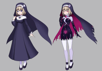 1girl before_and_after blonde_hair blue_eyes blush bodysuit breasts capelet chest_eye closed_mouth commentary_request corruption covered_navel dark_persona dress elbow_gloves entenca full_body gloves grey_background highres impossible_clothes jewelry latex latex_bodysuit licking_lips living_clothes long_sleeves looking_at_viewer medium_breasts multiple_views nun original parasite pubic_tattoo pubic_tattoo_visible_through_clothes red_eyes shoes short_hair simple_background sister_maris_(entenca) skin_tight smile solo standing tattoo thighhighs tongue tongue_out veil white_thighhighs
