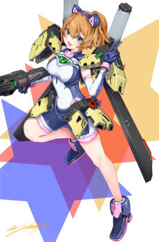 1girl bike_shorts blue_eyes breasts brown_hair commentary_request denjyou23 energy_gun fumina_avatar gundam gundam_build_fighters gundam_build_fighters_try gundam_build_metaverse headgear highres hoshino_fumina large_breasts long_hair looking_at_viewer mecha_musume open_mouth ponytail shoulder_cannon solo v weapon