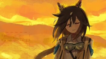 1girl animal_ears brown_hair brown_jacket closed_eyes collared_shirt commentary floating_hair goggles goggles_around_neck hashtag-only_commentary highres horse_ears horse_girl jacket ponytail portrait shirt smile solo stay_gold_(sunlit_outsider)_(umamusume) stay_gold_(umamusume) uma_41se umamusume watermark white_shirt wind yellow_theme