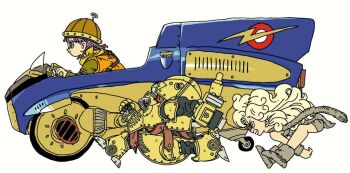 1other 2girls ayla_(chrono_trigger) blonde_hair boots cavewoman chibi chibi_only chrono_trigger clenched_teeth curly_hair driving fur_boots fur_scarf furrowed_brow glasses helmet long_hair lucca_ashtear multiple_girls neckerchief orange_tunic purple_hair robo_(chrono_trigger) robot running short_hair tcgf_04 teeth toriyama_akira_(style) tunic white_background yellow_neckerchief