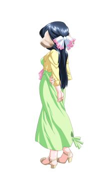 1girl animal_ears anime_coloring arms_behind_back black_hair breasts cropped_jacket dog_ears dress extra_ears floppy_ears from_behind full_body game_asset green_dress hair_ribbon half_updo hand_on_own_arm highres hiiragi_mako jacket large_variant_set layered_clothes long_dress long_hair long_sleeves mahotama maki_daikichi medium_breasts official_art pink_sash ribbon sandals sash simple_background solo standing tachi-e third-party_source transparent_background variant_set visual_novel_cg yellow_jacket