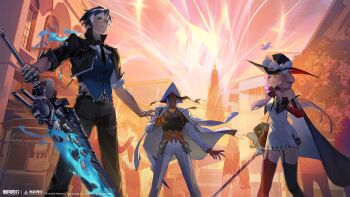 1boy 1girl 1other :o absurdres animal animal_on_head bag bare_shoulders bird bird_on_head black_cape black_hat black_jacket black_pants black_shirt blue_eyes blue_fire blue_hair blue_vest building cape claw_ring closed_mouth coat coat_on_shoulders colored_tips copyright_name copyright_notice dress feet_out_of_frame fire flaming_weapon front_ponytail garter_straps gloves greatsword group_leader_(xinyue_tongxing) hand_up hat highres holding holding_sword holding_weapon jacket legs_apart logo looking_up multicolored_hair official_art official_wallpaper on_head orange_gloves outdoors pants pencil_dress pink_eyes pink_hair qiaoshou_(xinyue_tongxing) red_gloves red_sky red_thighhighs shirt short_dress short_hair shoulder_bag sky sleeveless sleeveless_dress standing sword thighhighs vest weapon white_coat white_dress white_hair white_hat white_pants white_sleeves xinyue_tongxing yinhuo_(xinyue_tongxing)