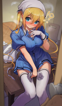 ? blend_s blonde_hair blue_eyes blue_skirt blush breasts gloves hand_on_own_chest headscarf highres hinata_kaho holding_gloves holding_unworn_clothes kootee-on large_breasts skirt thighhighs unworn_gloves waitress white_gloves white_headscarf white_thighhighs