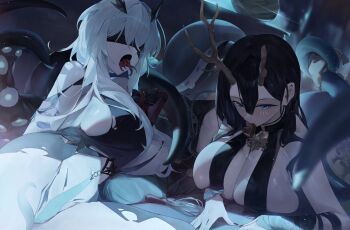 2girls antlers azur_lane black_dress black_hair black_nails blue_eyes breasts candy chocolate chocolate_heart cleavage covered_eyes dress facing_viewer fancy_(azur_lane) food golden_hind_(azur_lane) heart heart-shaped_food highres horns huge_breasts lemoneko looking_at_viewer multiple_girls multiple_tongues reindeer_antlers suction_cups tentacle_mouth tentacles tongue tongue_out torn_clothes torn_dress valentine white_hair