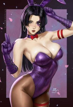 1girl adapted_costume animal_ears bare_shoulders black_hair bow bowtie breasts cherry_blossoms duplicate earrings facial_tattoo fake_animal_ears gloves highleg highleg_leotard hoop_earrings jewelry large_breasts leotard long_hair marvel marvel_rivals md5_mismatch pantyhose parted_bangs playboy_bunny psylocke psylocke_(vengeance) purple_gloves red_bow red_bowtie resolution_mismatch sciamano240 solo source_larger strapless strapless_leotard tattoo x-men