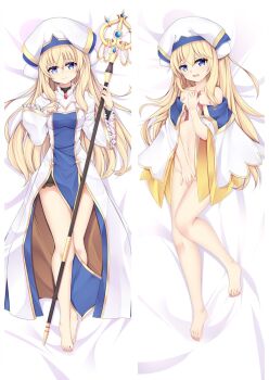1girl bare_legs barefoot bed_sheet blonde_hair blue_eyes breasts closed_mouth collarbone covering_crotch covering_privates dakimakura_(medium) female_focus from_above full_body goblin_slayer! hair_between_eyes hair_spread_out hat holding holding_staff long_hair long_sleeves looking_at_viewer lying moeanime multiple_views nail_polish navel on_back open_mouth pink_nails priestess_(goblin_slayer!) small_breasts split_screen staff toenail_polish toenails very_long_hair wavy_mouth white_headwear
