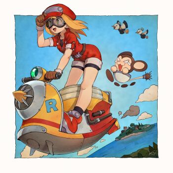 1girl afterimage black_bodysuit blonde_hair blue_background blue_sky bodysuit bodysuit_under_clothes breasts newsboy_cap cloud data_(mega_man) goggles green_eyes hat highres hover_bike island jumpsuit karen_(karenoni1031) medium_breasts medium_hair mega_man_(series) mega_man_legends_(series) non-humanoid_robot ocean red_jumpsuit riding robot robot_animal roll_caskett_(mega_man) sky tree