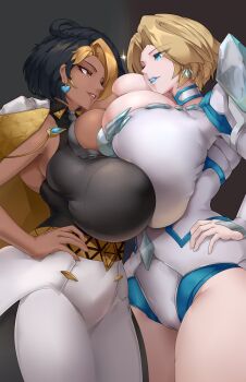 Rule 34 | 2girls, absurdres, blonde hair, blue eyes, breast press, breasts, cameltoe, choker, cleavage, curvy, dark-skinned female, dark skin, domina (overwatch), earrings, emma frost, female focus, hands on own hips, highres, huge breasts, jewelry, lipstick, looking at another, makeup, marvel, marvel rivals, multiple girls, overwatch, pockyland, short hair, symmetrical docking, thick thighs, thighs