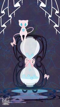 blue_eyes bow flower full_body gen_1_pokemon highres hourglass legendary_pokemon looking_at_viewer meme_(sleepsheep) mew_(pokemon) mythical_pokemon nintendo no_humans pink_bow pokemon pokemon_(creature) pokemon_focus solo tail