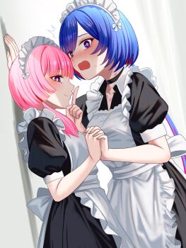 2girls absurdres alternate_costume apron black_choker black_dress blue_eyes blue_hair blush breasts choker closed_mouth colored_inner_hair commentary dress embarrassed enmaided finger_to_mouth frilled_apron frills from_side hands_up highres holding_hands kabedon kaf_(kamitsubaki_studio) kamitsubaki_studio kizakura_art long_hair looking_at_viewer maid maid_apron maid_headdress medium_breasts multicolored_hair multiple_girls open_mouth pink_hair puffy_short_sleeves puffy_sleeves red_hair rim_(kamitsubaki_studio) short_hair short_sleeves shushing sideways_glance smile sweat untranslatable_commentary twintails white_apron yellow_pupils yuri