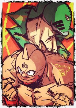 Rule 34 | 2019, 2boys, bare shoulders, boots, brothers, clenched hands, dated, full body, helmet, kinniku ataru, kinniku suguru, kinnikuman, kinnikuman (character), kinnikuman soldier, large pectorals, looking away, manly, military, military uniform, multiple boys, muscular, pectorals, ryuuki garyuu, siblings, simple background, smile, standing, wrestling, wrestling mask, wrestling outfit