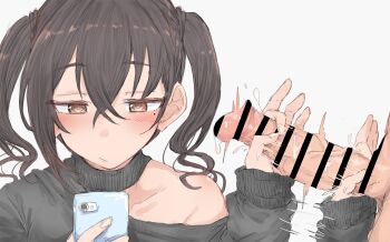 1boy 1girl absurdres afterimage bar_censor black_hair black_sweater blush bored brown_eyes cellphone censored closed_mouth erection hair_between_eyes handjob hetero highres holding holding_phone idolmaster idolmaster_cinderella_girls medium_hair mole mole_under_eye multitasking penis phone single_bare_shoulder single_off_shoulder sleeves_past_wrists smartphone solo_focus sunazuka_akira sweater twintails wasabijoyu76 white_background