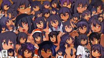 1girl :o absurdres aged_down aged_up angry arm_support armpits arms_up bare_shoulders black_hair blush breasts brown_background child choker cleavage clothes_writing collarbone collared_shirt compilation cup dark-skinned_female dark_skin drinking drinking_glass drinking_straw drinking_straw_in_mouth flat_chest glass hair_between_eyes hand_on_own_cheek hand_on_own_face hat highres holding holding_sign horns huge_filesize jahy jahy-sama_wa_kujikenai! japanese_text konbu_wakame large_breasts looking_ahead looking_at_viewer looking_back loose_clothes open_mouth outstretched_arm pointy_ears red_eyes revealing_clothes santa_costume santa_hat self-upload shirt short_hair sign smile straw sweatdrop t-shirt tears teeth third-party_edit tongue tongue_out username_haoto v yellow_eyes