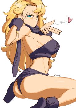 1girl 3amsoda arm_behind_head artist_name ass ayla_(chrono_trigger) blonde_hair blowing_kiss blue_eyes breasts chrono_trigger feet from_side heart highres large_breasts legs long_hair looking_at_viewer midriff panties pink_lips puckered_lips sideboob sitting solo strapless thighs toned tube_top underwear wedgie