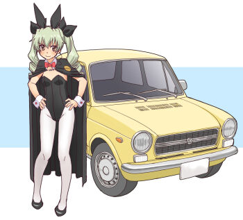 1girl anchovy_(girls_und_panzer) animal_ear_hairband animal_ears black_cape black_leotard black_ribbon black_shoes bow bowtie breasts brown_eyes cape car detached_collar fake_animal_ears full_body girls_und_panzer green_hair hairband hands_on_own_hips leotard motor_vehicle pantyhose playboy_bunny rabbit_ears red_bow red_bowtie ribbon shoes small_breasts solo strapless strapless_leotard twintails uona_telepin vehicle_request white_pantyhose wrist_cuffs