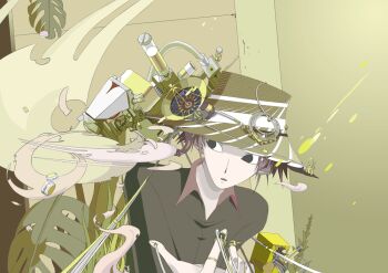 1boy black_eyes brown_hat grey_hair hat leaf machine miki_0 original parted_lips satellite_dish short_hair smoke solo upper_body